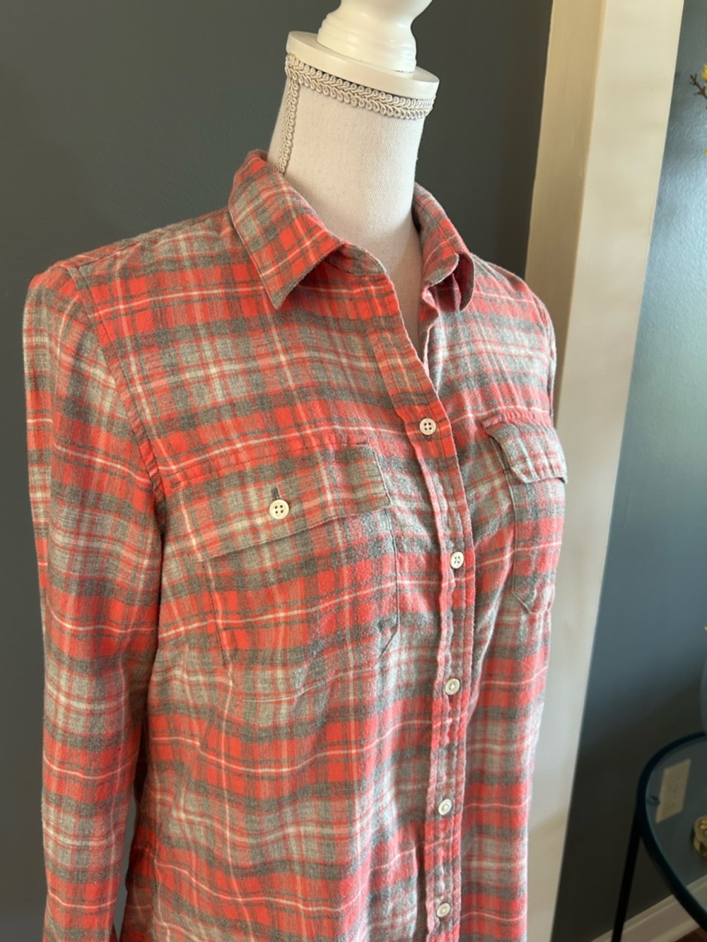 LL Bean Coral and Gray Plaid Button-Up Shirt~Size 6 - Picture 2 of 5